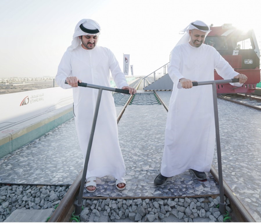 Maktoum bin Mohammed and Theyab bin Mohamed witness connection of Abu Dhabi and Dubai with direct railway within 'UAE National Rail Network'