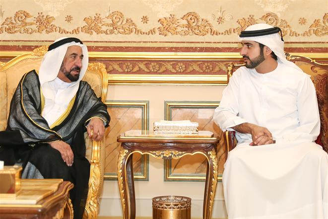 Sultan al-Qasimi and Saud al-Mualla accept the condolences of Hamdan bin Mohammed, Sheikhs and officials on the death of Ahmed Al Qassimi