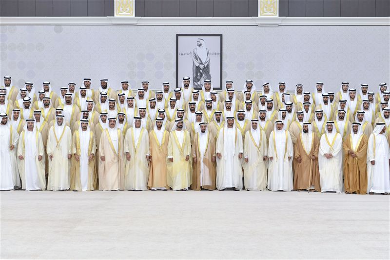 Mohammed bin Rashid, Mohammed bin Zayed, Rulers of the Emirates and Crown Princes attend a group wedding reception celebrating the wedding of Zayed bin Hamdan bin Zayed 