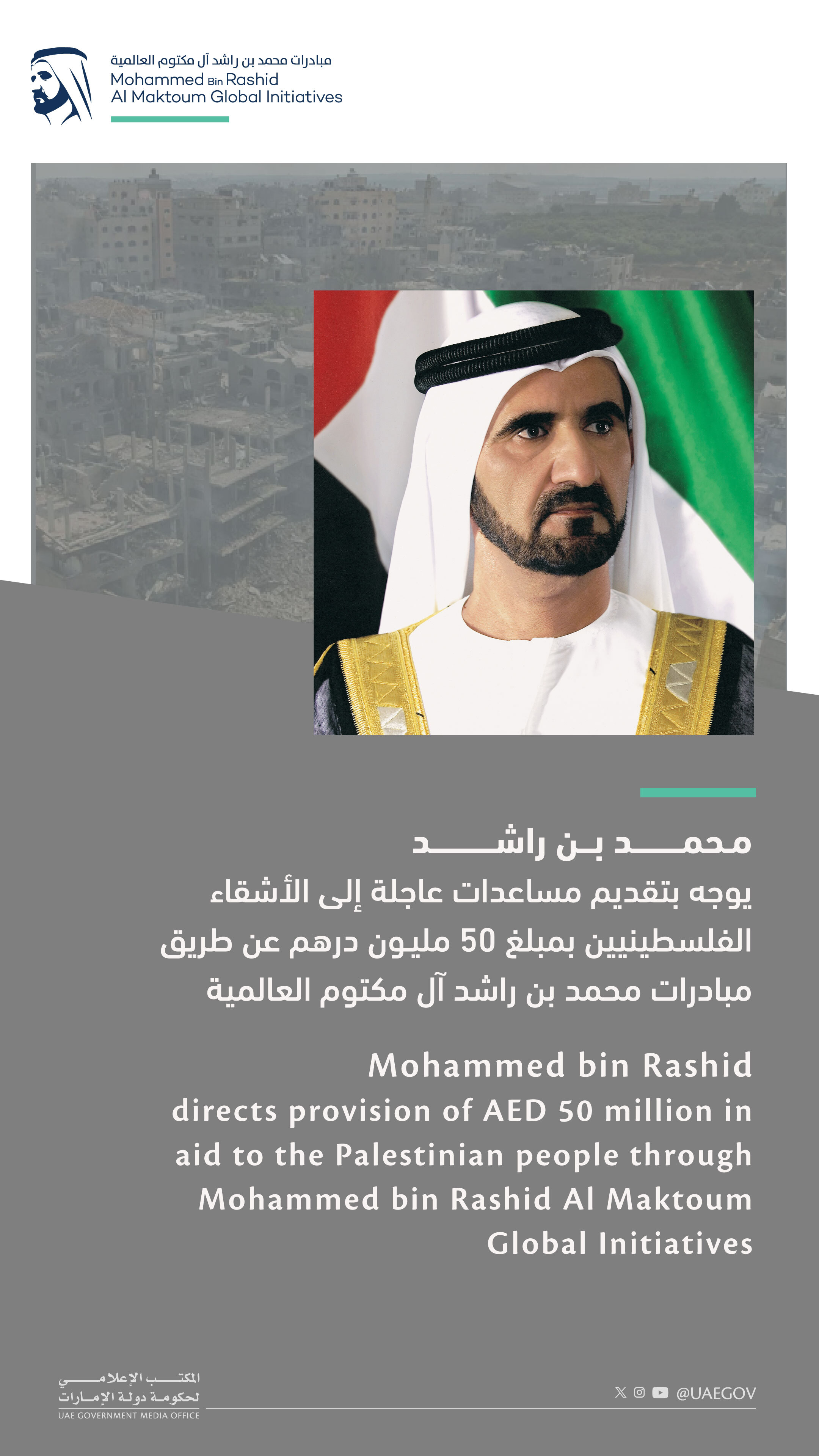 Mohammed bin Rashid directs provision of AED50 million in humanitarian aid to the Palestinian people
